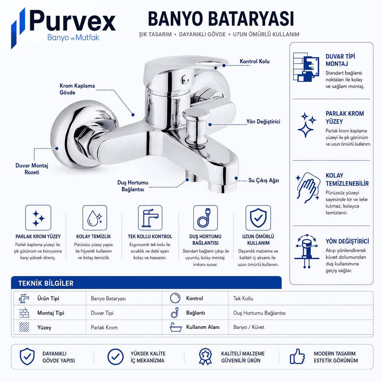 Purvex Home Mix Banyo Bataryası - Pirinç Gövde Krom Kaplama Aç-Kapa Banyo Musluğu (48 Ay Garantili) 5
