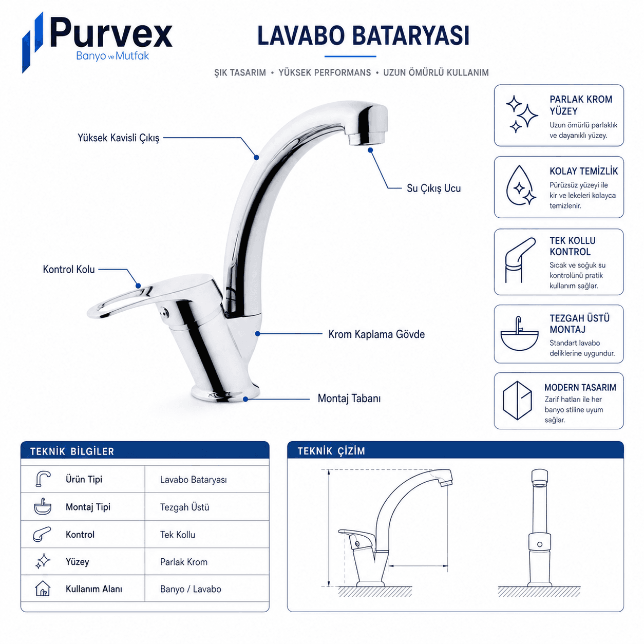 Purvex Home Klasik Kuğu Lavabo Bataryası Aç Kapa Eviye Musluğu Mutfak Ve Banyo Tezgah Üstü Krom Pirinç Musluk Batarya Seti Lüks Döner Borulu 4