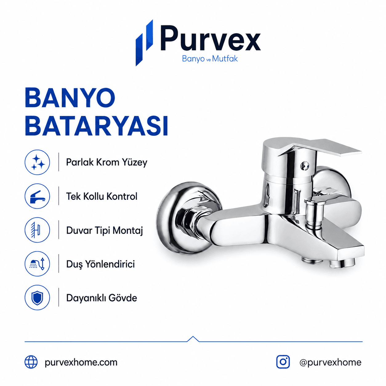 Purvex Home Spektra Banyo Bataryası Duvara Montaj Aç Kapa Krom Pirinç Musluk Fonksiyonel Yönlendiricili Duş Batarya Seti Lüks Modern Tasarım 6