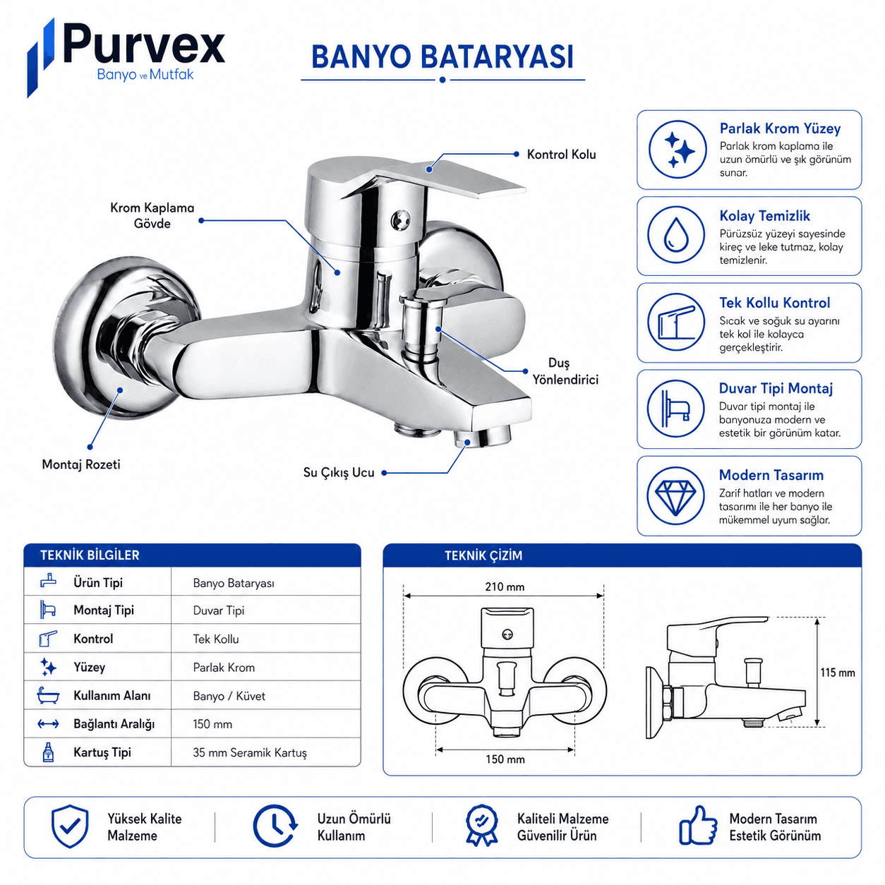 Purvex Home Spektra Banyo Bataryası Duvara Montaj Aç Kapa Krom Pirinç Musluk Fonksiyonel Yönlendiricili Duş Batarya Seti Lüks Modern Tasarım 5