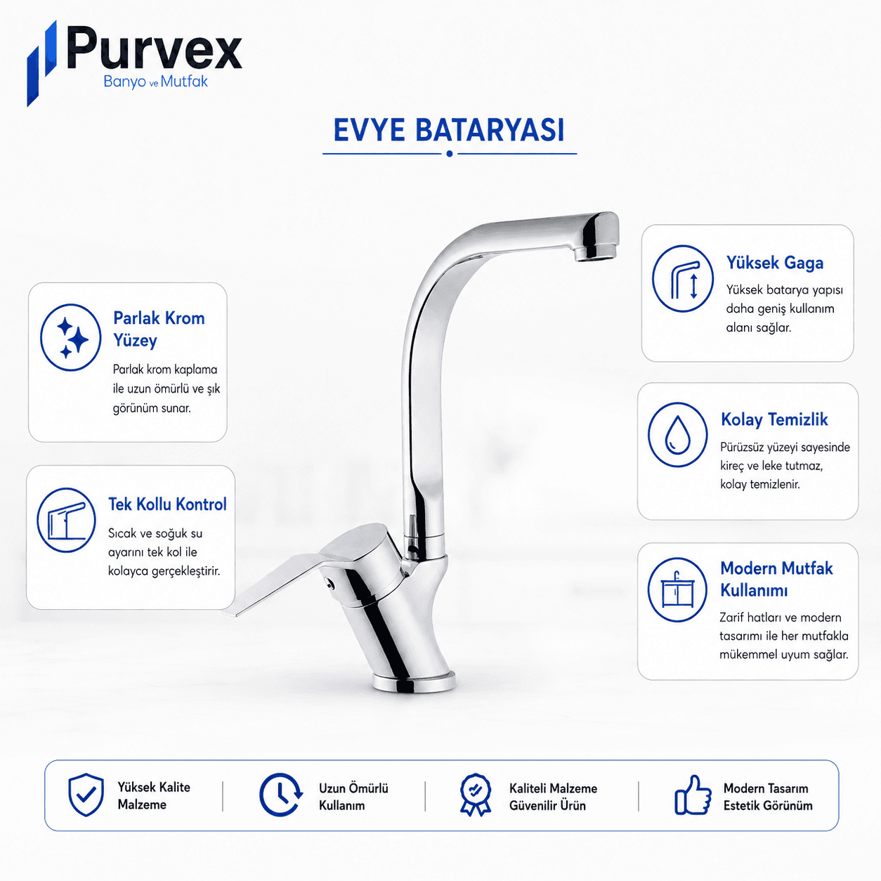 Purvex Home Spektra Eviye Bataryası Mutfak Evye Musluğu L Tipi Döner Borulu Tezgah Üstü Aç Kapa Krom Pirinç Musluk Bataryası Lüks Modern Tasarım 5
