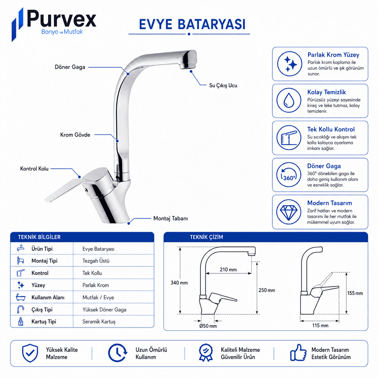 Purvex Home Spektra Eviye Bataryası Mutfak Evye Musluğu L Tipi Döner Borulu Tezgah Üstü Aç Kapa Krom Pirinç Musluk Bataryası Lüks Modern Tasarım 6
