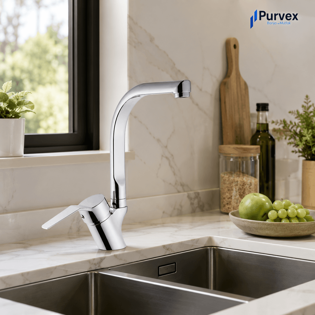 Purvex Home Spektra Eviye Bataryası Mutfak Evye Musluğu L Tipi Döner Borulu Tezgah Üstü Aç Kapa Krom Pirinç Musluk Bataryası Lüks Modern Tasarım 7