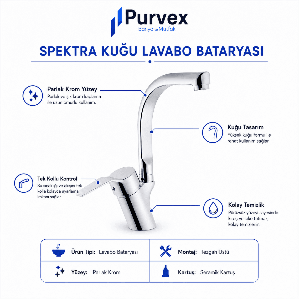 Spektra Kuğu Lavabo Bataryası - Krom Kaplama Pirinç Gövde, Şık ve Modern Evye Musluğu 5
