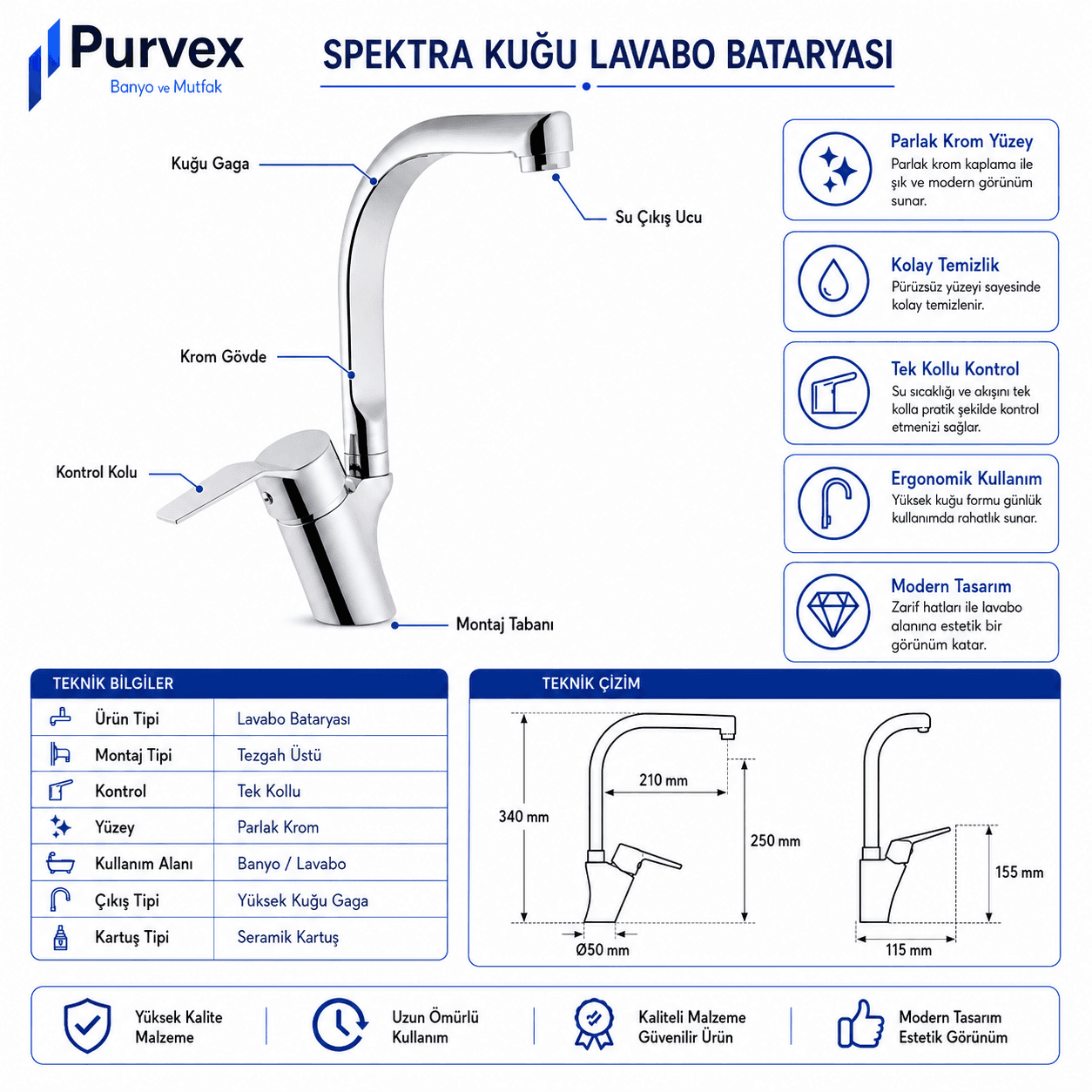 Spektra Kuğu Lavabo Bataryası - Krom Kaplama Pirinç Gövde, Şık ve Modern Evye Musluğu 6