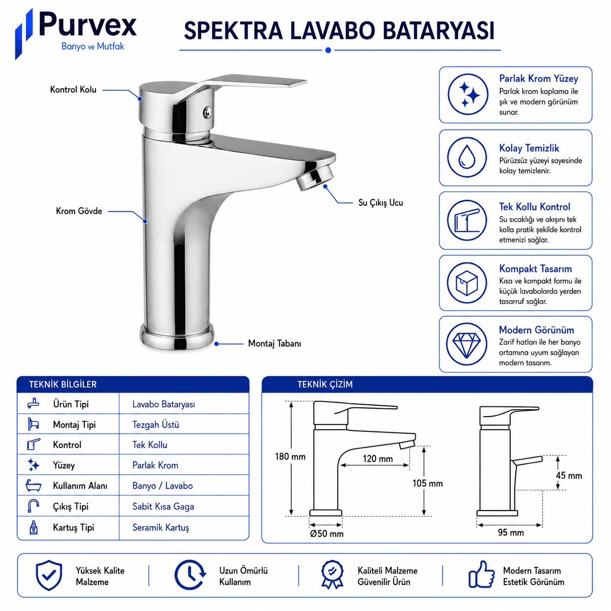 Spektra Yüksek Lavabo Bataryası - Çanak Lavabo İçin Uzun Musluk, Krom Kaplama Pirinç Gövde Lüks Banyo Bataryası 6