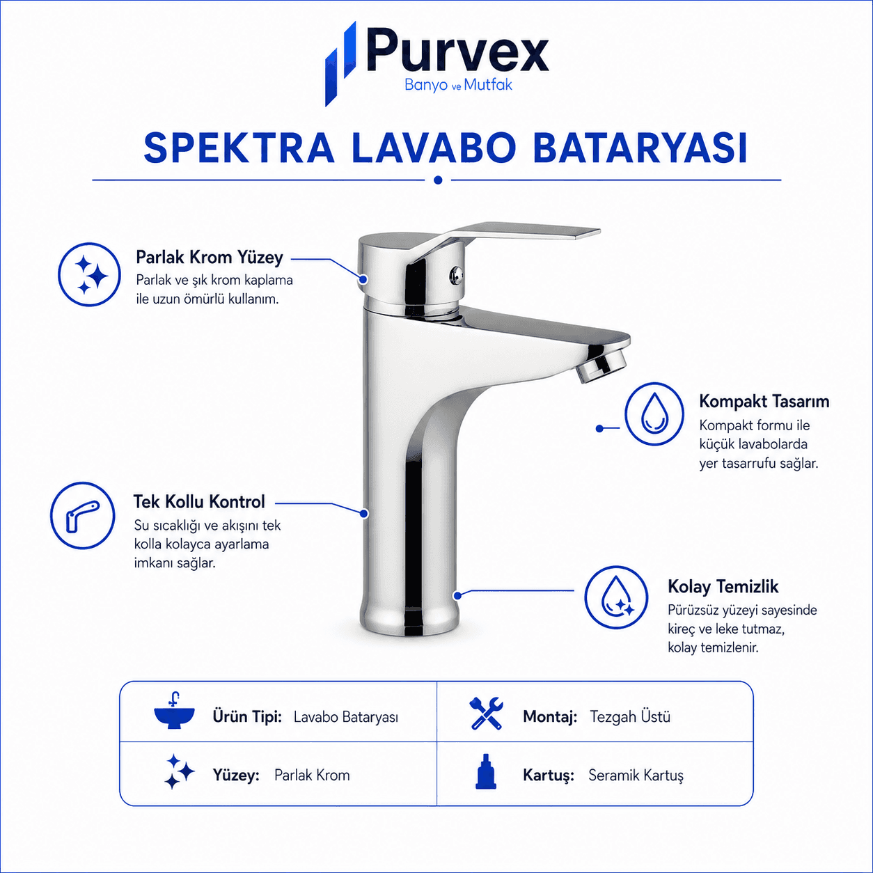 Spektra Yüksek Lavabo Bataryası - Çanak Lavabo İçin Uzun Musluk, Krom Kaplama Pirinç Gövde Lüks Banyo Bataryası 5