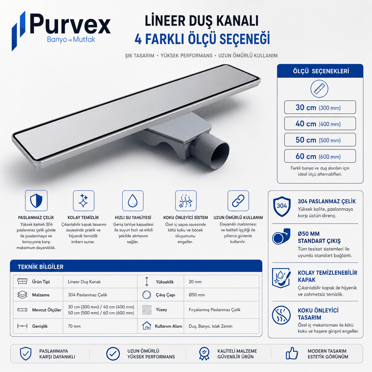Purvex Home Lineer Duş Kanalı - Fırçalanmış 304 Paslanmaz Çelik Duş Süzgeci, Koku Önleyici Trap 6