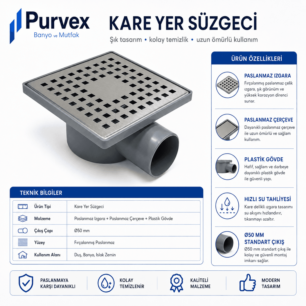 15x15 Paslanmaz Izgaralı Yandan Çıkışlı 50'lik Banyo Yer Süzgeci 6