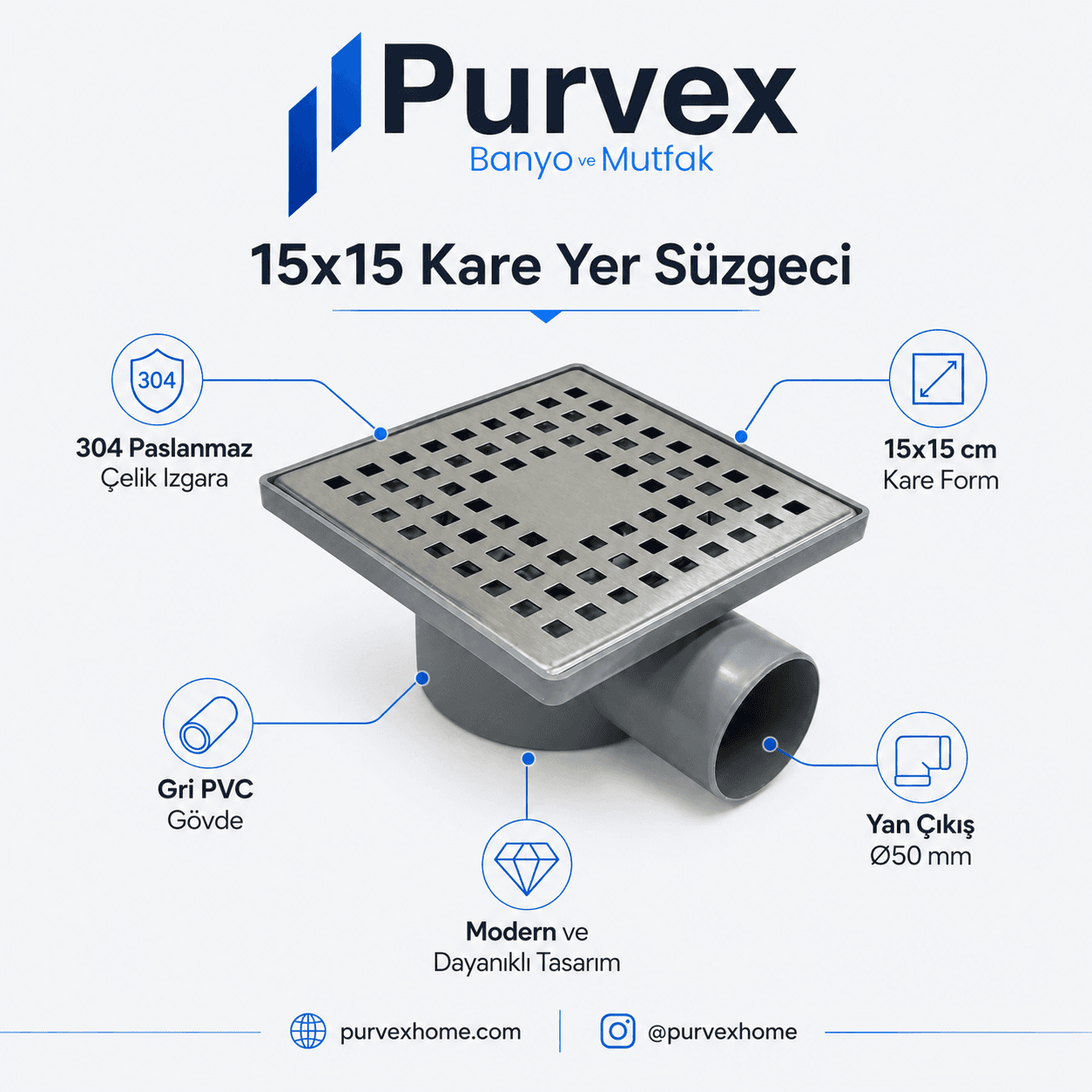 15x15 Paslanmaz Izgaralı Yandan Çıkışlı 50'lik Banyo Yer Süzgeci 7