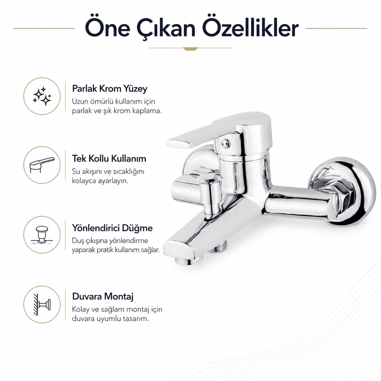 Delta Krom Banyo Bataryası - Pirinç Gövde Çift Çıkışlı Duvara Montaj Duş Musluğu 5