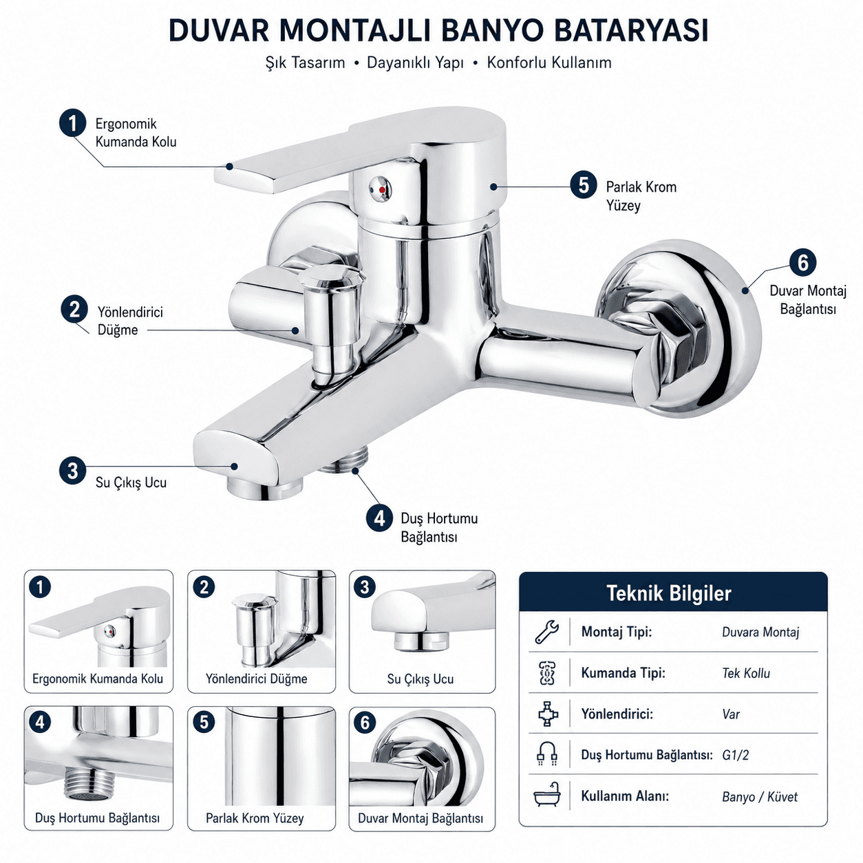 Delta Krom Banyo Bataryası - Pirinç Gövde Çift Çıkışlı Duvara Montaj Duş Musluğu 6