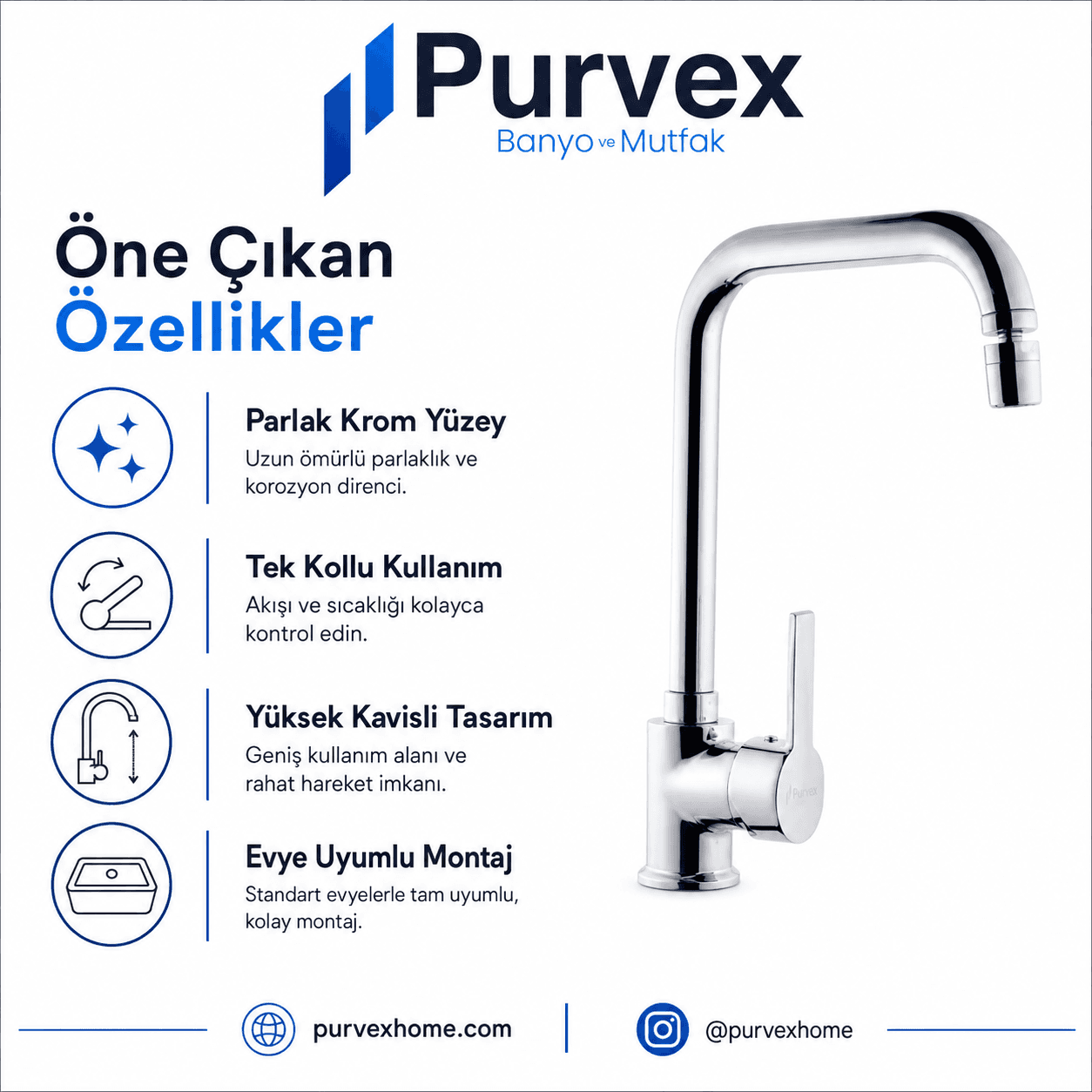 Delta Premium U Boru Evye Bataryası – Oynar Başlıklı Krom Kaplama Pirinç Mutfak Musluğu 4