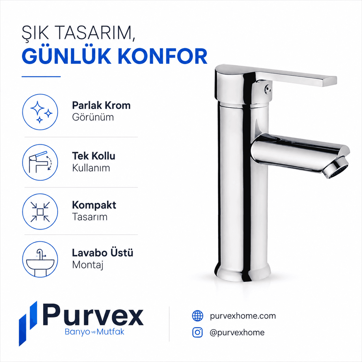 Delta Kompakt Lavabo Bataryası – Tek Kollu Banyo Armatürü, Krom 5