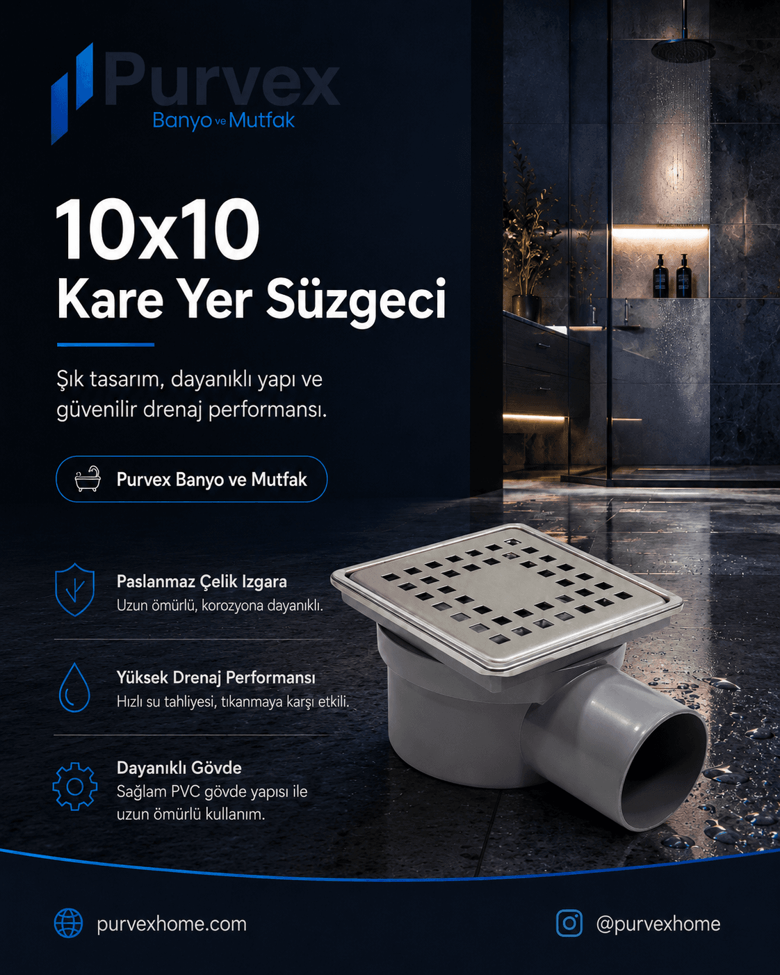 Purvex Home 10x10 Paslanmaz Metal Çerçeveli Paslanmaz Yer Süzgeci - Yandan Çıkışlı — mekân içinde